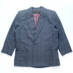 Vintage Grey Blue Plaid Tartan 100% Wool w/ Shoulder Pads Oversized Blazer XL